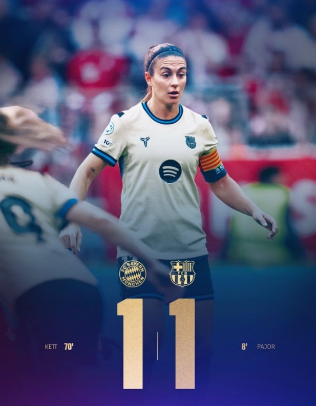 开云电竞网页版-女足欧冠半决赛首回合拜仁女足1-1巴萨女足，帕乔尔、凯特破门